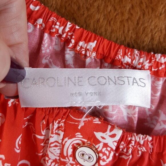 CAROLINE CONSTAS Womens Dress XS Red Pullover Fit Flare Floral Puff BARDOT Girly - Picture 5 of 11